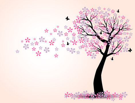 the silhouette of cherry trees and butterfly vector