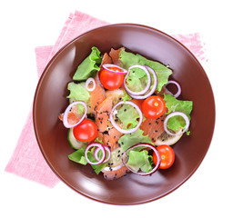Appetizing fish salad with vegetables on plate isolated on