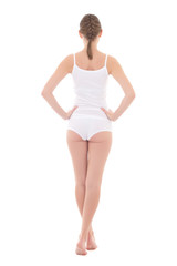 Fototapeta premium rear view of young slim woman in cotton underwear isolated on wh