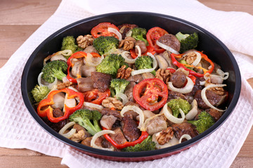 Braised wild mushrooms with vegetables and spices in pan