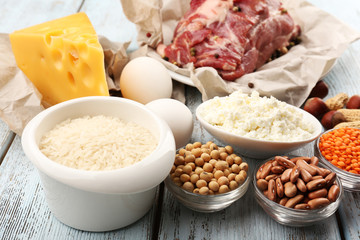 Food high in protein on table, close-up