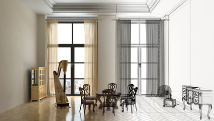 Interior 3d, rendering, tridimensionale, wireframe, salotto