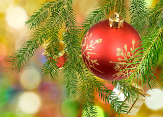 image of a red Christmas ball on a green background
