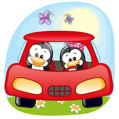 Obraz premium Two Penguins in a car