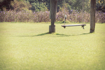 playground swing made wood hanging in green grass field
