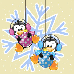 Two Penguins in a fur headphones