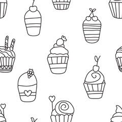 Cute funny seamless pattern with cartoon sweet cupcakes.