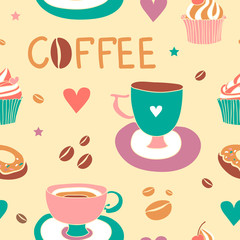 Seamless vintage coffee pattern with coffee grains and cups.