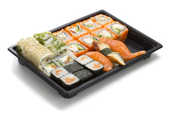 Set of sushi in black plastic box