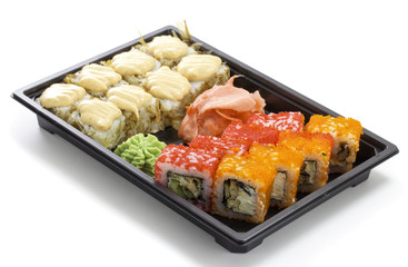 Set of sushi in black plastic box