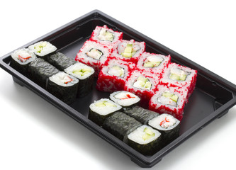 Set of sushi in black plastic box
