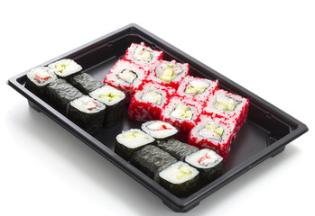 Set of sushi in black plastic box