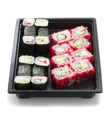 Set of sushi in black plastic box