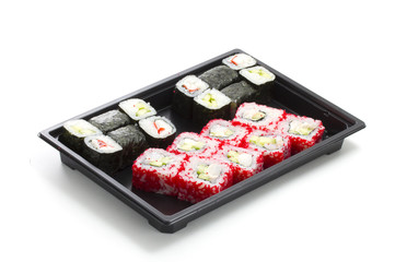 Set of sushi in black plastic box