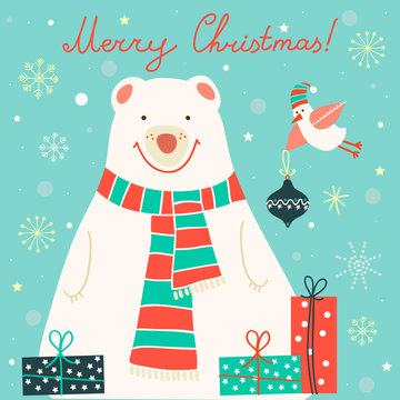 Vintage Christmas illustration with white bear and little bird.