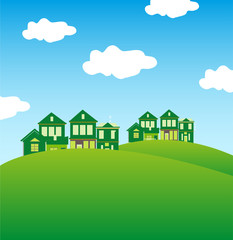 green houses in the meadow background