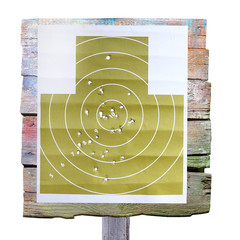 Military shooting target with bullet holes on white background.