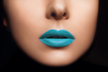 Fashion Blue Sexy Lips and Closeup. Open Mouth. Make up concept