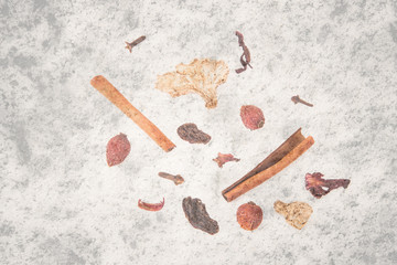set spices for mulled wine on old textured
