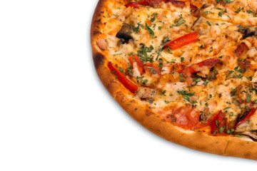 Delicious fresh pizza served on white background