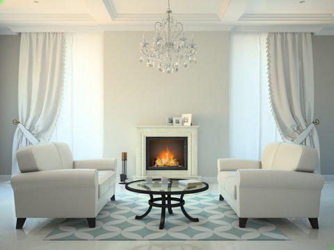 Classic style room with fireplace and white sofas 3D rendering