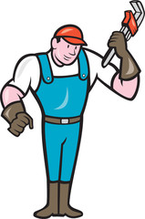 Plumber Standing Monkey Wrench Cartoon