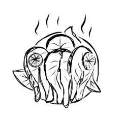 Red fish steak on plate, sketch for your design