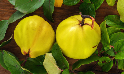 Two ripe yellow quince with leaves on the wooden background