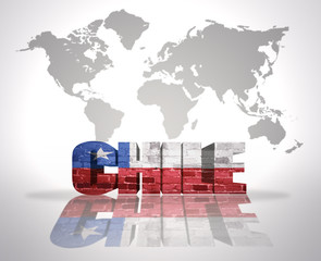 Word Chile on a world map background