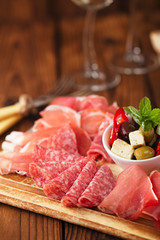 antipasti Platter of Cured Meat,   jamon, olives, sausage, salam