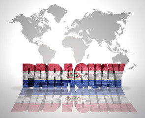Word Paraguay on a world map background