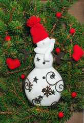 White snowman and Christmas tree with red beads and boots