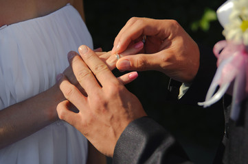 Groom putting ring on bride's finger