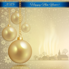 Golden Christmas balls with blue ribbon