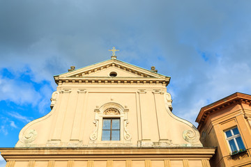 Front facade of old church on Grodzka street in Krakow, Poland