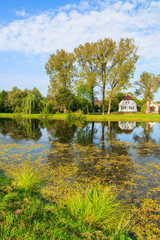 Lake and typical cottage houses in Radziejowice village, Poland - obrazy, fototapety, plakaty
