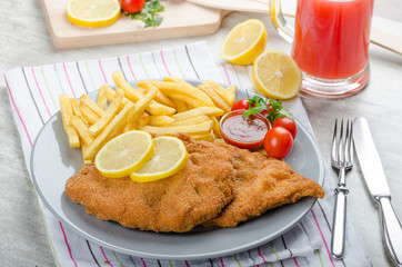 Schnitzel with french fries and a spicy dip