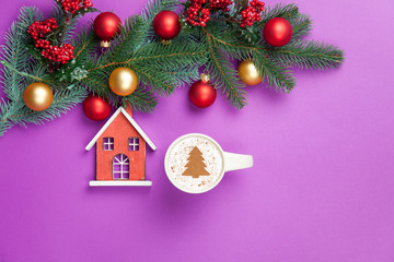 cappuccino and christmas tree shape with toy house