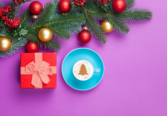 cappuccino and christmas tree shape with gift box