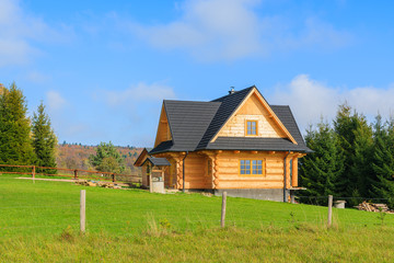 Traditional house on green field, Beskid Niski Mountains, Poland
