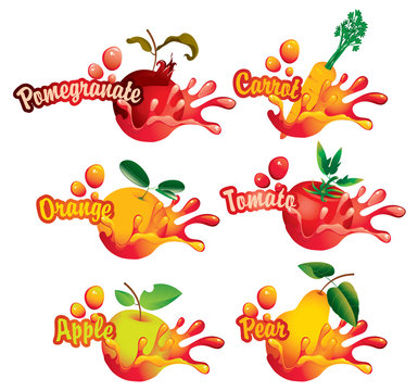 set of drawings with the names of fruits and juice splashes