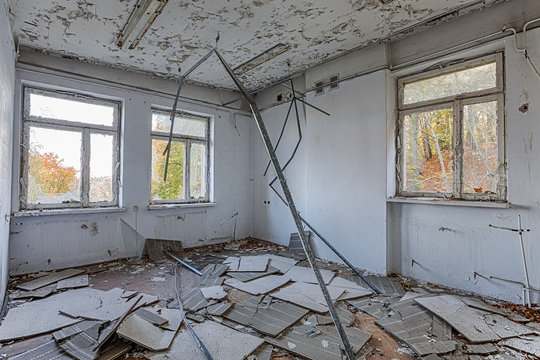 Inside the destroyed house on the edge of the forest
