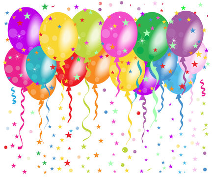 Colorful balloons greeting with confetti and stars background