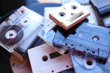 Collection of retro audio tapes, close up