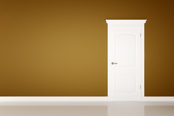 Closed white door on brown wall