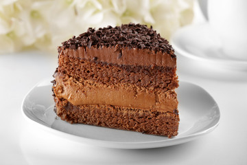 Delicious chocolate cake on plate on table on light background