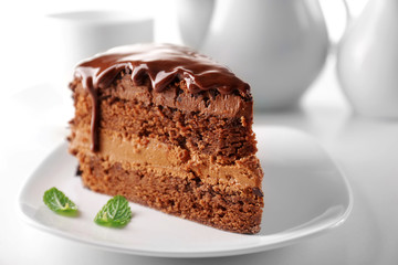 Delicious chocolate cake on plate on table on light background