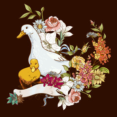 Obraz na płótnie Canvas Cute background with ducks and flowers
