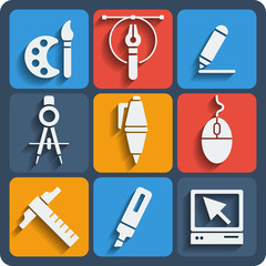 Set of 9 draw web and mobile icons. Vector.