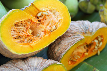 Fresh yellow pumpkin on the market